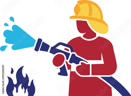 Firefighter extinguishing flames with hose and helmet vector illustration in red yellow and blue colors 
