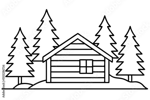 Minimal Line Drawing of a Snowy Log Cabin with Pine Trees – Vector Illustration

