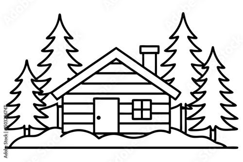 Minimal Line Drawing of a Snowy Log Cabin with Pine Trees – Vector Illustration

