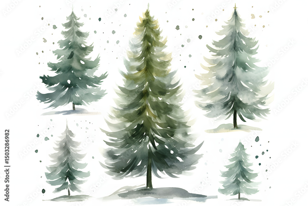 Fototapeta premium Watercolor illustration of a Christmas tree on a snowy base, adorned with a gold star 