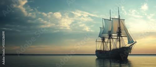 Beautiful sunset with a majestic sailing ship