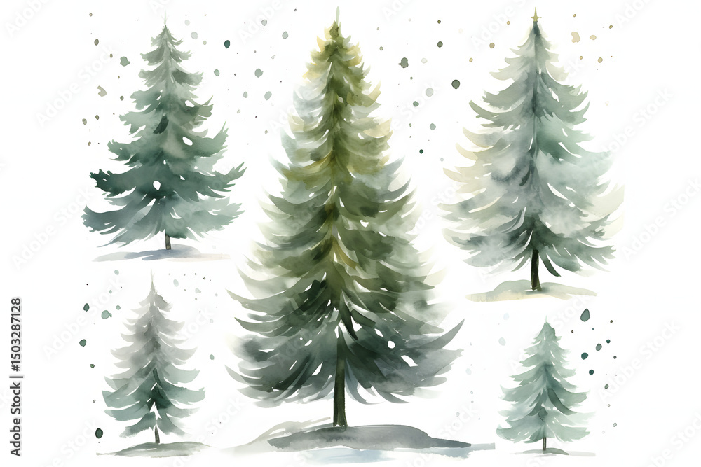 Obraz premium Watercolor illustration of a Christmas tree on a snowy base, adorned with a gold star 