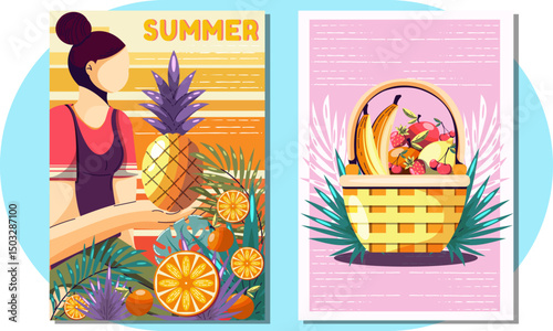 Summer posters in a retro style. Decor on the wall, bright banners of summer, vegetables, fruits and vocation, holidays. Decor of wallpaper, walls and postcards