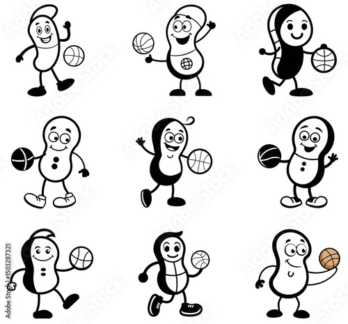 Cartoon Peanut Characters Playing Basketball – Fun Sports Mascots Set