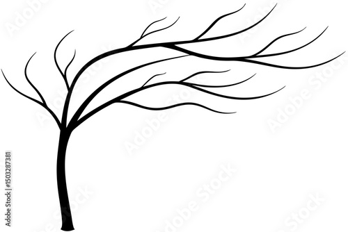 Minimalist Wind-Bent Leafless Tree – Clean Line Art Illustration


