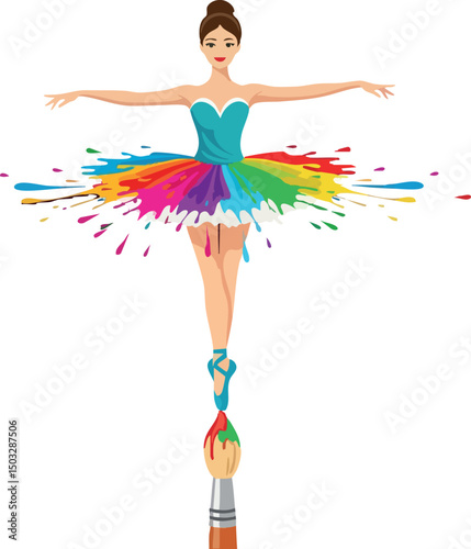 Ballerina dancer with colorful paint splash tutu balancing on paintbrush vector illustration 