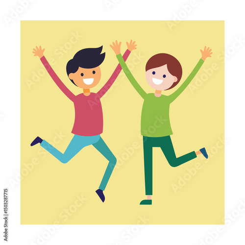 Two happy friends jumping and celebrating with raised arms in a cheerful cartoon illustration