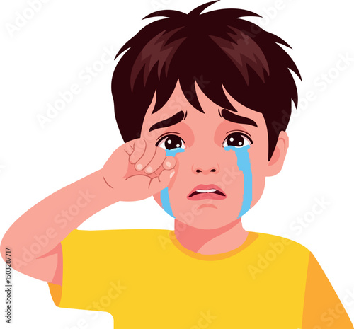 Crying boy wiping tears with sad facial expression vector illustration 