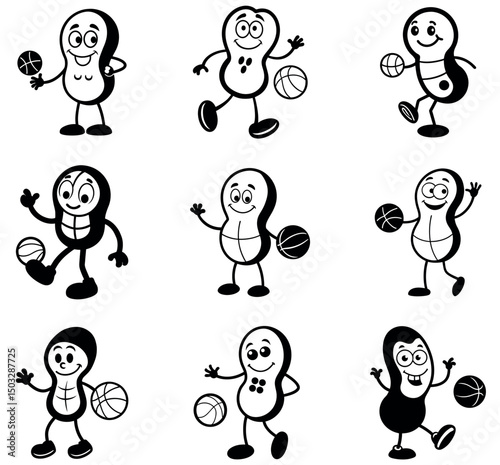 Cartoon Peanut Characters Playing Basketball – Fun Sports Mascots Set