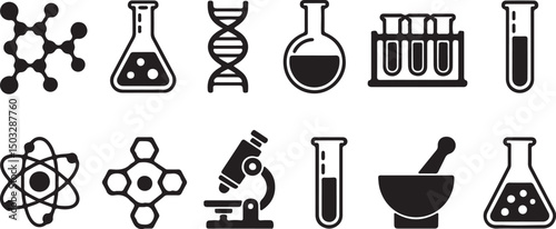 Science Outline Icons Set Chemistry, Dna, Microscope, Flasks on Transparent