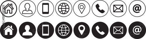 Contact Information Outline Icons Set, Home, User, Phone, Globe, Location, Email in Circles