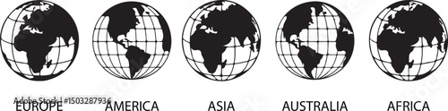 Globe Icons Set Europe, America, Asia, Australia, Africa World Continents