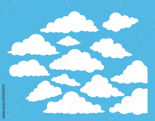 Abstract White Cloud Set – Isolated Cloudy Shapes on a Blue Background Vector