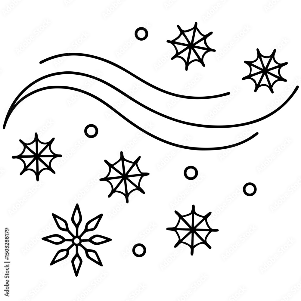 Wind blowing snowflakes line art vector illustration 