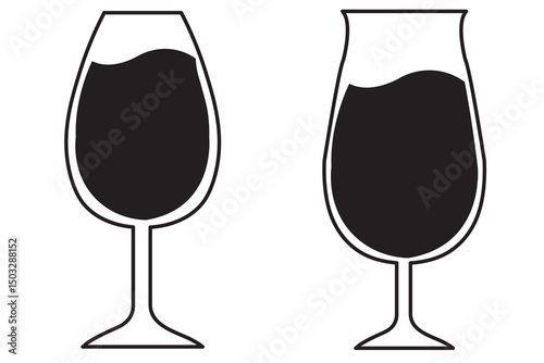 2 wine glass in toast silhouette, wineglass silhouette and line art vector icon. Drink glass icon set. vector illustration.