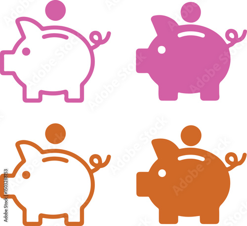 Piggy Bank Icons, Pink and Orange Variations on Transparent Background, Minimalist Style