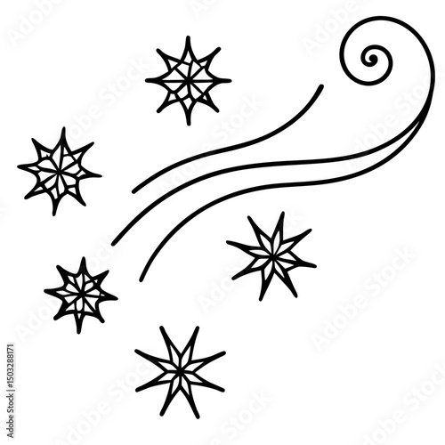 Wind blowing snowflakes line art vector illustration 