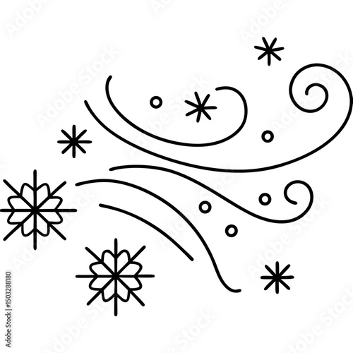 Wind blowing snowflakes line art vector illustration 