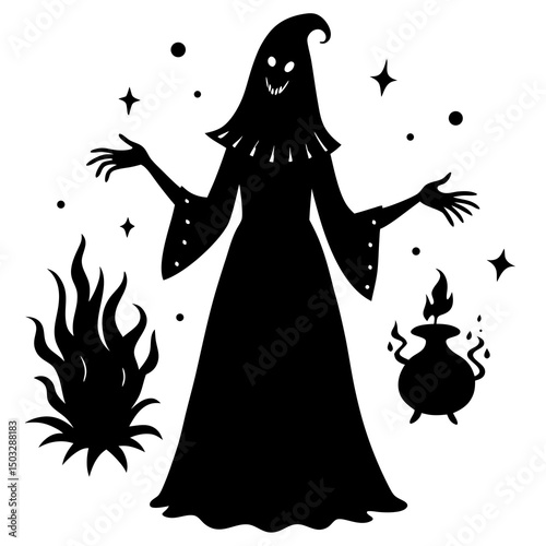 Witch summoning spirits silhouette vector illustration 