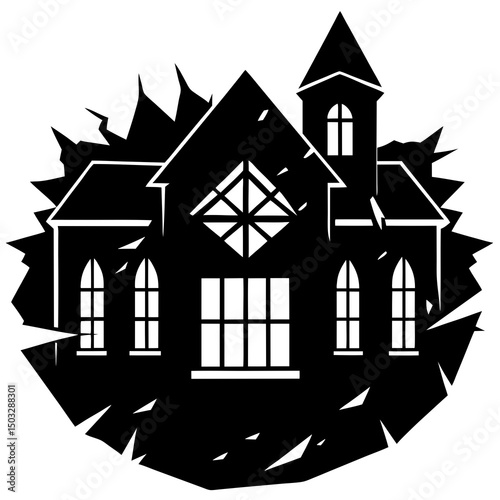 Abandoned asylum with broken window silhouette vector illustration 