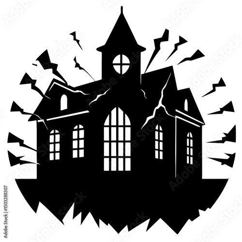 Abandoned asylum with broken window silhouette vector illustration 