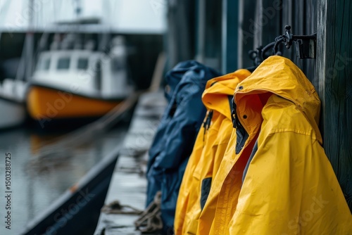 Bright raingear hangs near the harbor
