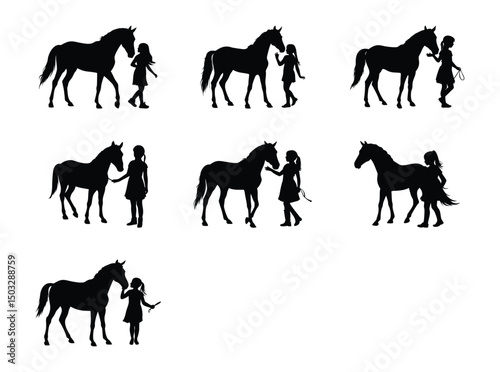 Vector silhouette of child with horse on white background. Symbol of friends,care, animal, girl.