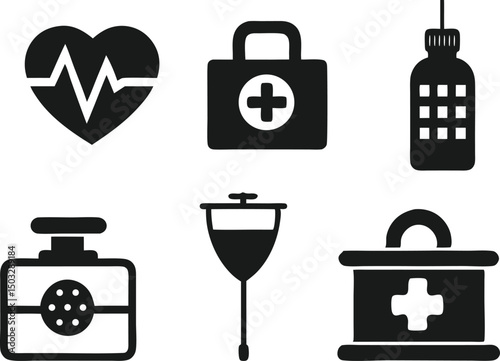 Healthcare Icon Set Illustration Silhouettes. Medical Healthcare Icon Set Illustration Silhouettes. Hospital and Healthcare Icon Set Illustration Silhouettes. Silhouettes of Healthcare Icon Set