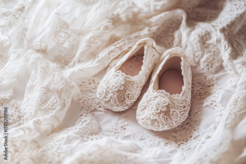 Delicate lace baby shoes on soft fabric layers