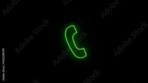 Neon glowing green color telephone icon on black background animation