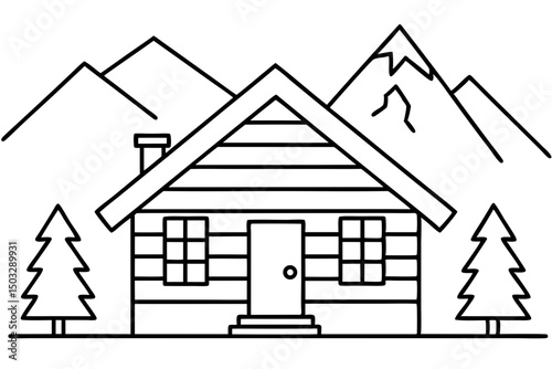 Minimalist Line Art of a Log Cabin in Nature

