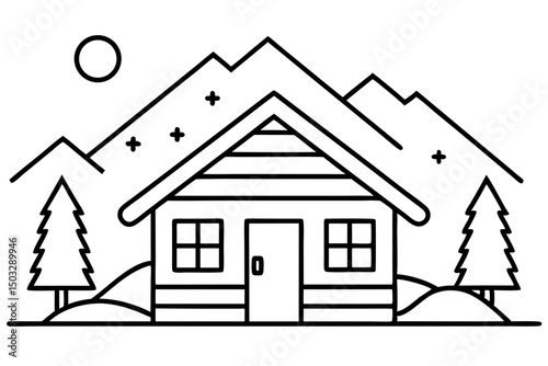 Minimalist Line Art of a Log Cabin in Nature

