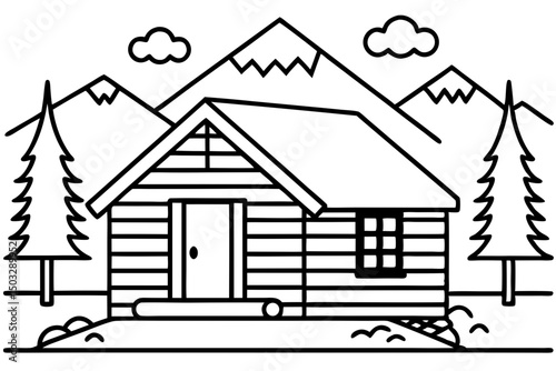 Minimalist Line Art of a Log Cabin in Nature

