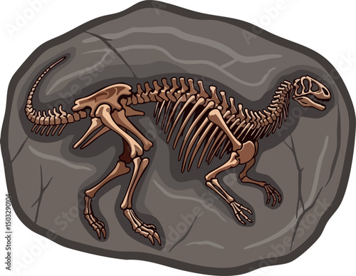 Dinosaur Fossil Skeleton Embedded in Rock Illustration with Brown and Gray Colors Vector 