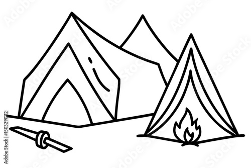Minimalist Line Art of a Pitched Tent Beside a Campfire

