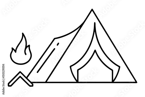 Minimalist Line Art of a Pitched Tent Beside a Campfire

