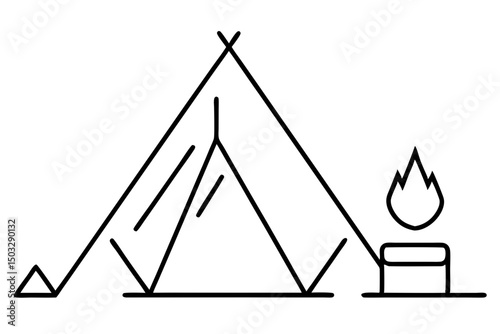 Minimalist Line Art of a Pitched Tent Beside a Campfire

