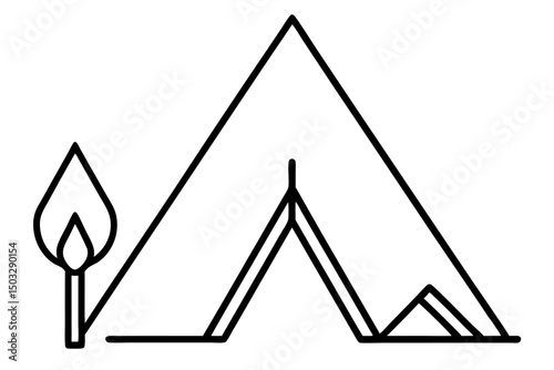 Minimalist Line Art of a Pitched Tent Beside a Campfire

