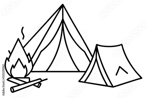 Minimalist Line Art of a Pitched Tent Beside a Campfire

