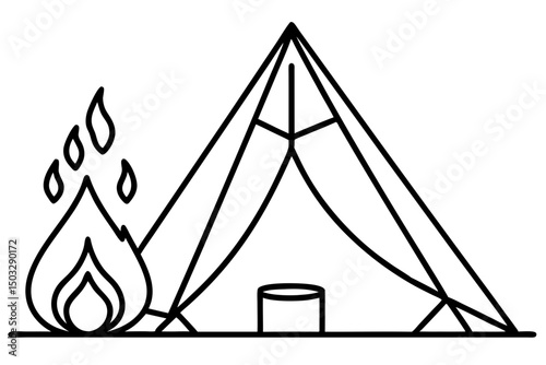 Minimalist Line Art of a Pitched Tent Beside a Campfire

