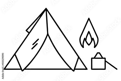 Minimalist Line Art of a Pitched Tent Beside a Campfire

