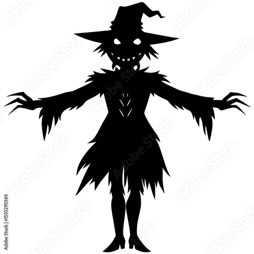 Scarecrow with glowing eyes silhouette vector illustration 