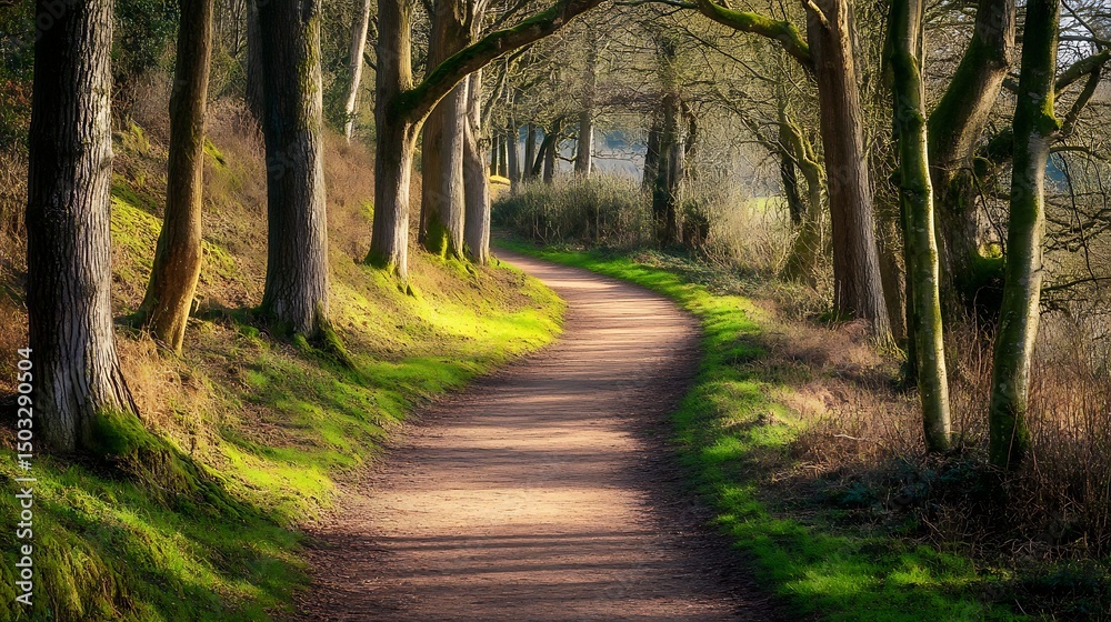Fototapeta premium A tranquil woodland path with dappled sunlight filtering through the trees 