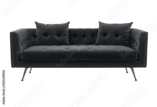 Minimalist contemporary sofa in soft black velvet, plush cushions, elegant steel legs, isolated on transparent background.