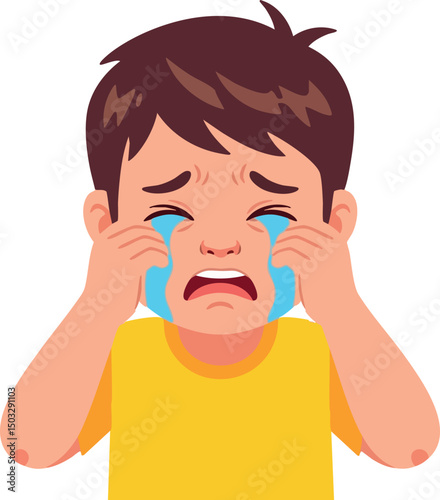 Crying boy with tears and yellow shirt vector illustration portrait emotional expression 