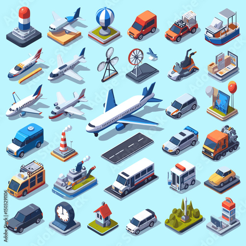 transportation icons illustration, colorful, showcasing various vehicles and modes, digital art