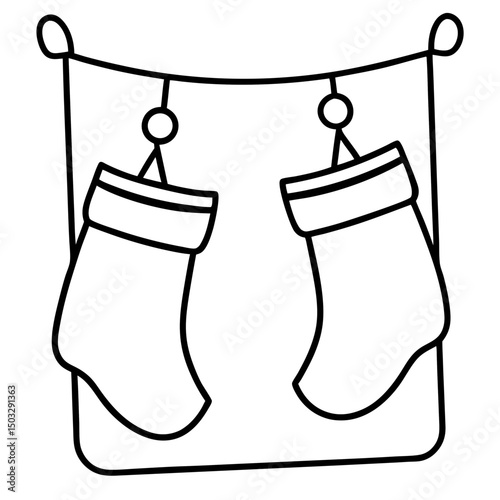 Stocking hanging from fireplace mantle line art vector illustration 