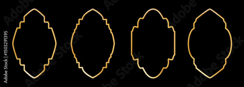 Vintage frames set isolated on black background. Decorative gold frame. Fashionable ornate frames for wedding invitations, greeting cards, prints.