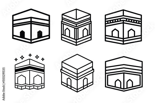 Kaaba Line Art Icon Collection Featuring Islamic Pilgrimage and Cube Designs