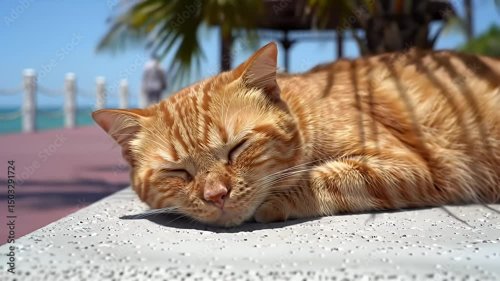 Close Up of Ginger Cat Sleeping on Stone Table Under Palm Tree Shade during Summer Day with Tranquil Atmosphere